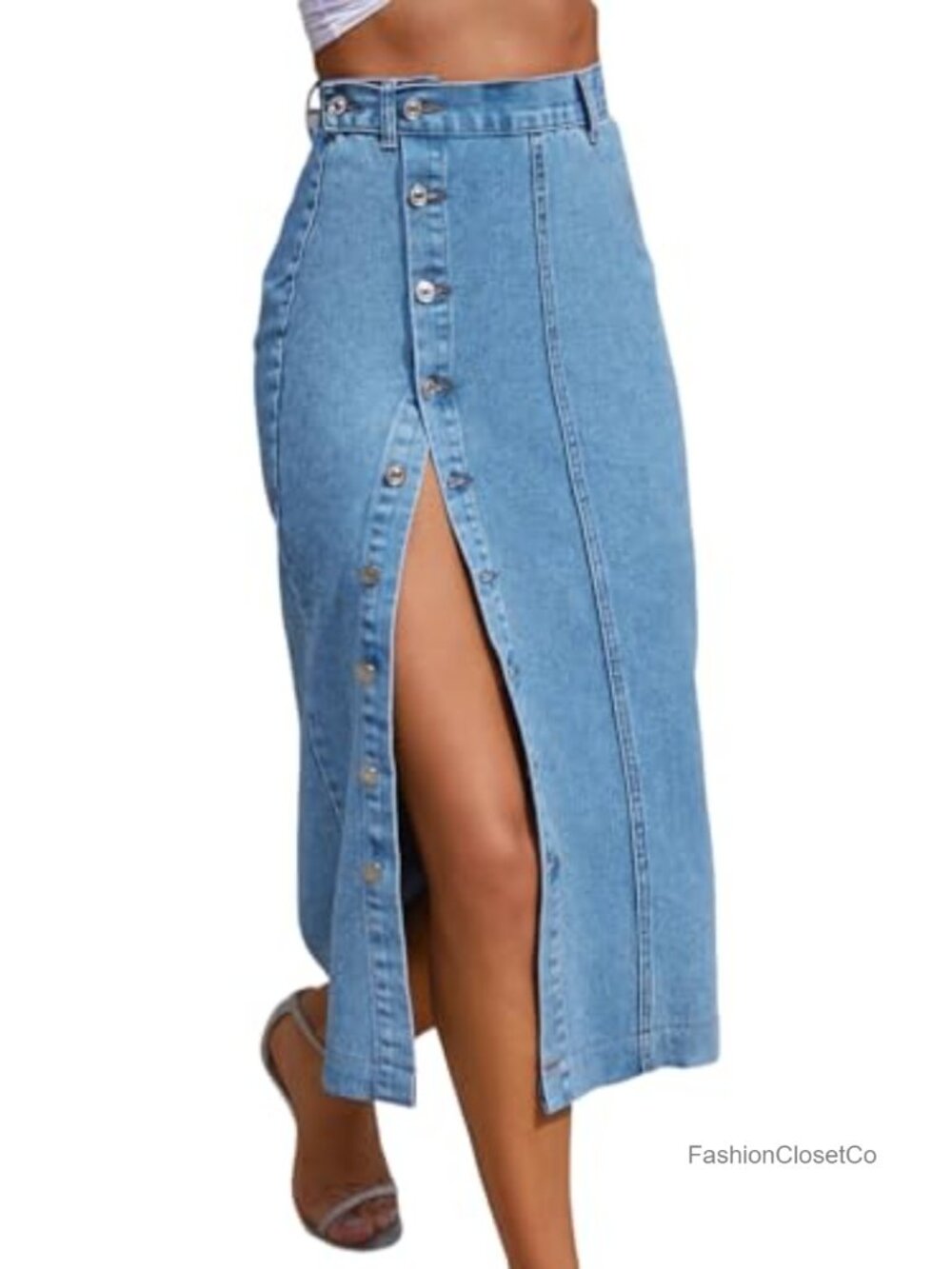 High Waisted Denim Skirt for Women Button Front Slit Midi Skirt Fashion Summer
